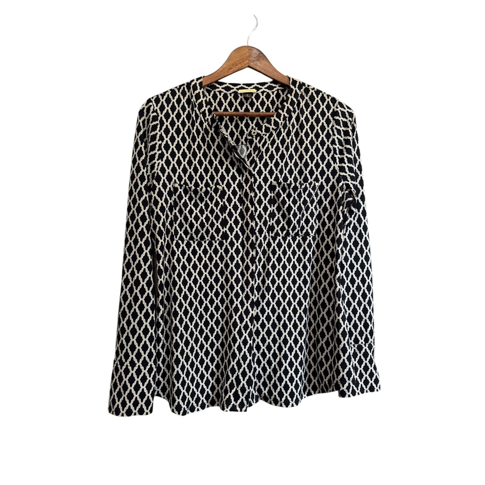 Dana Buchman Blouse Womens Medium Black Geometric Trellis Excellent Long Sleeve